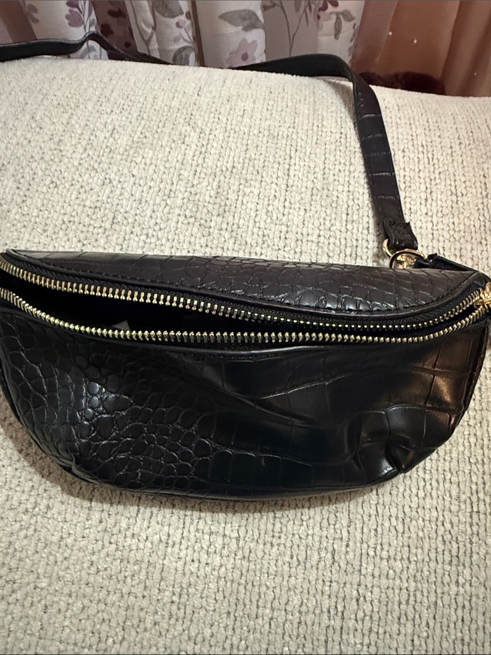 Mango Black Croc-Embossed Leather Belt Bag with Gold Hardware